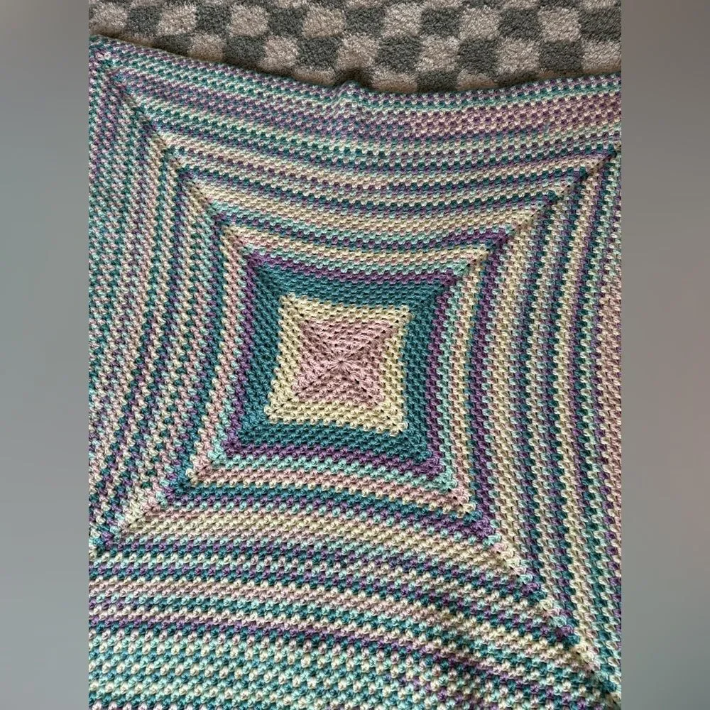 VTG 70s Afghan Blanket Crochet Hippie Boho Multi Color Handmade Blue Pink Cream